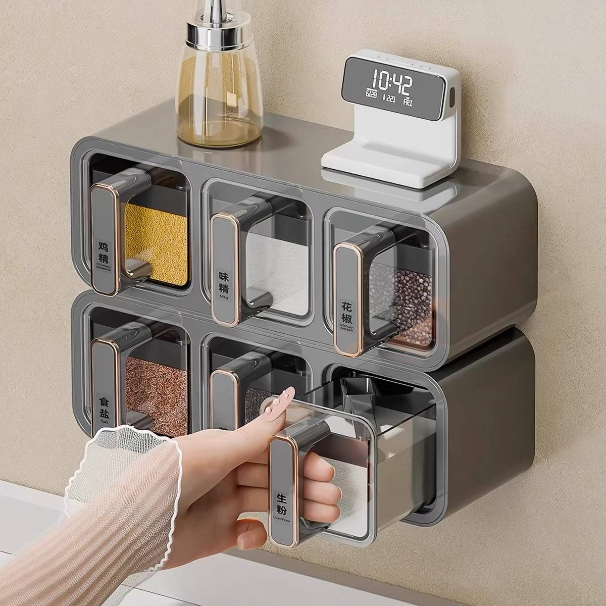 Wall-Mounted Multi-Compartment Grain & Seasoning Storage Dispenser image 4