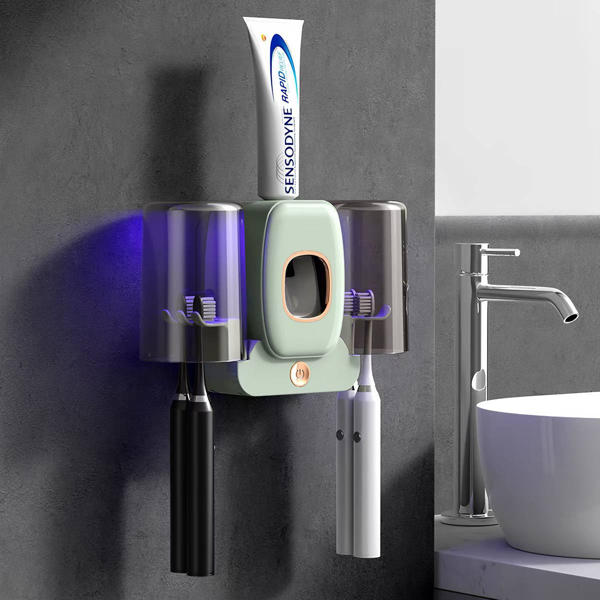 Toothpaste dispenser and toothbrush holder set image 2