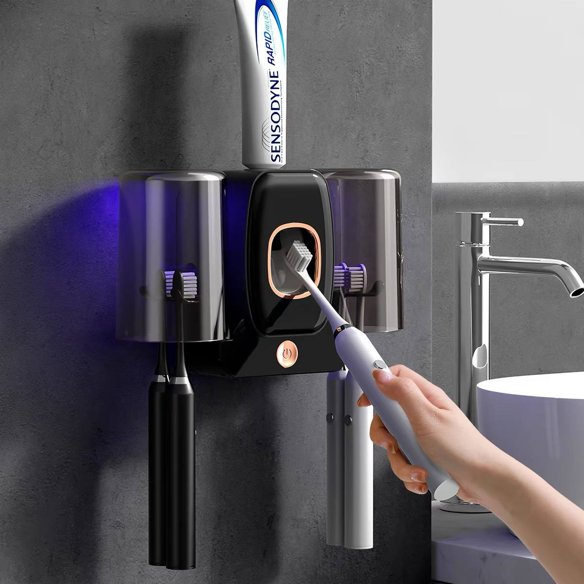 Toothpaste dispenser and toothbrush holder set image 4
